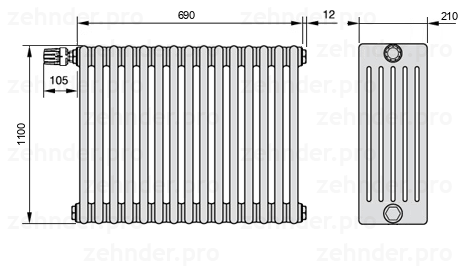 Схема (чертеж) Радиатор Zehnder Charleston 6110/15 №V012 Белый глянцевый RAL 9016